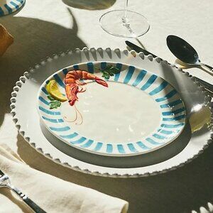 New Anthropologie Micola Seafood Side Plate Blue Stripe Shrimp Stoneware 8”